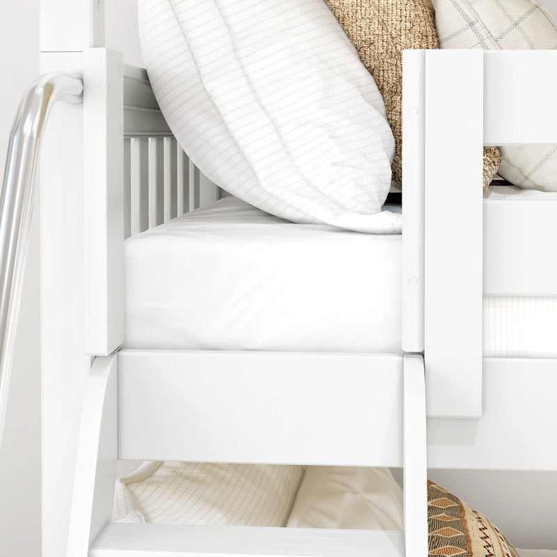 Close-up of white wooden bunk bed with white striped duvet, mattress, neutral woven pillows, ladder and safety rail