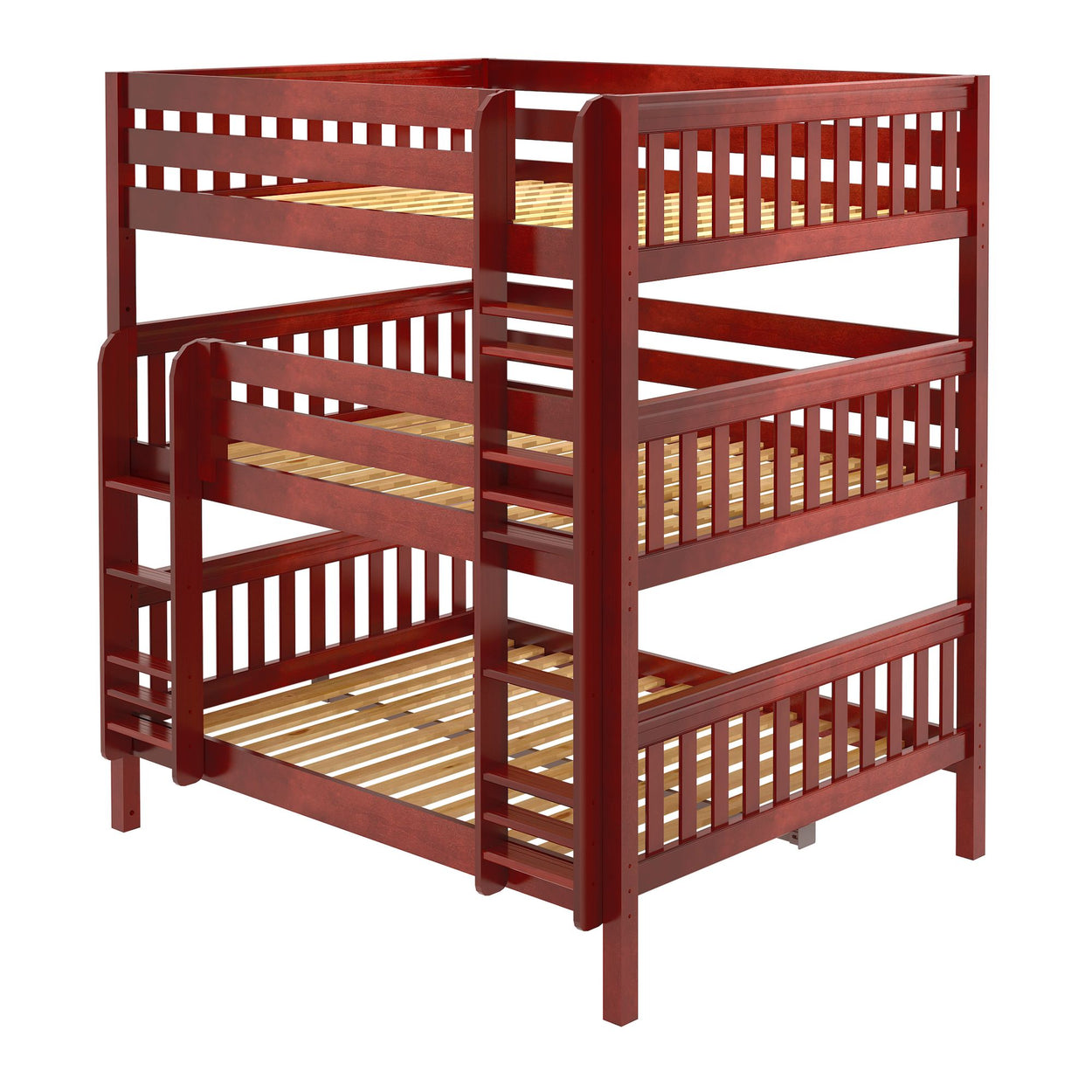 Red wooden triple bunk bed with built-in ladder for kids' bedroom.