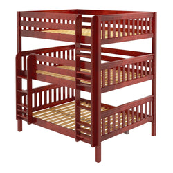 Red wooden triple bunk bed with built-in ladder for kids' bedroom.