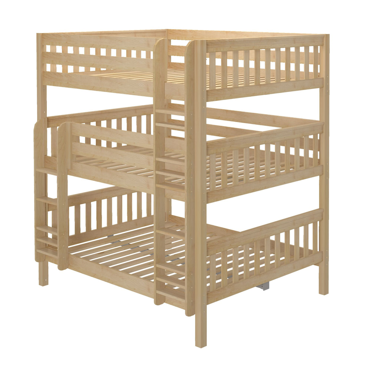 Triple bunk bed frame in natural wood finish with safety guardrails.