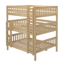 Triple bunk bed frame in natural wood finish with safety guardrails.