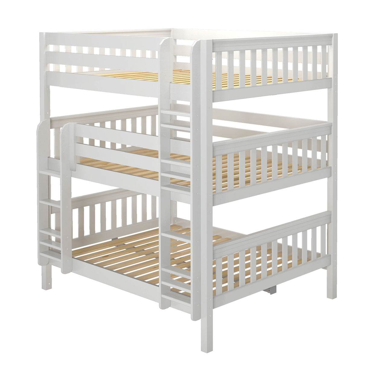 White triple bunk bed with ladders, ideal for maximizing space in children's bedrooms.