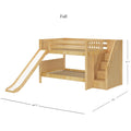 Natural maple twin-over-full loft bunk bed with slide and built-in staircase storage, solid wood frame, dimensions 61.5 in H x 122 in L x 100.75 in W