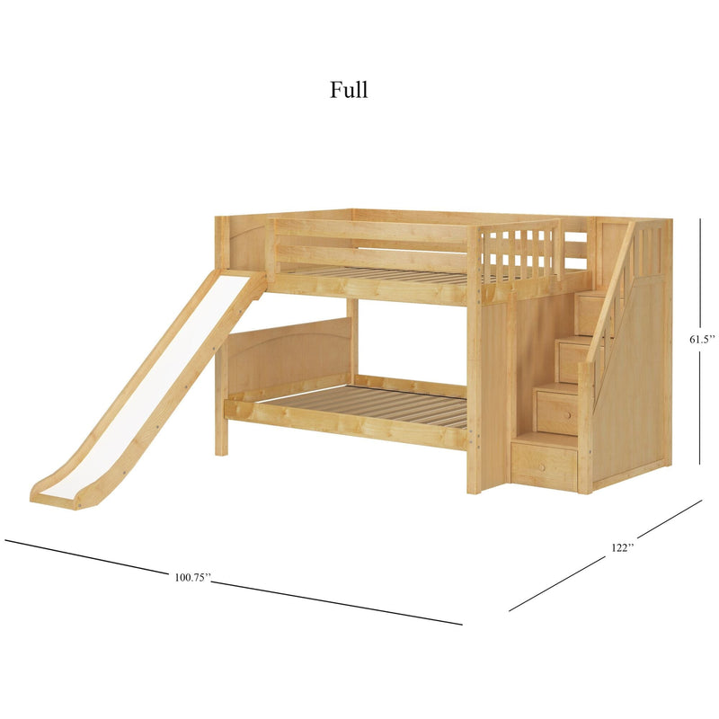 Natural maple twin-over-full loft bunk bed with slide and built-in staircase storage, solid wood frame, dimensions 61.5 in H x 122 in L x 100.75 in W