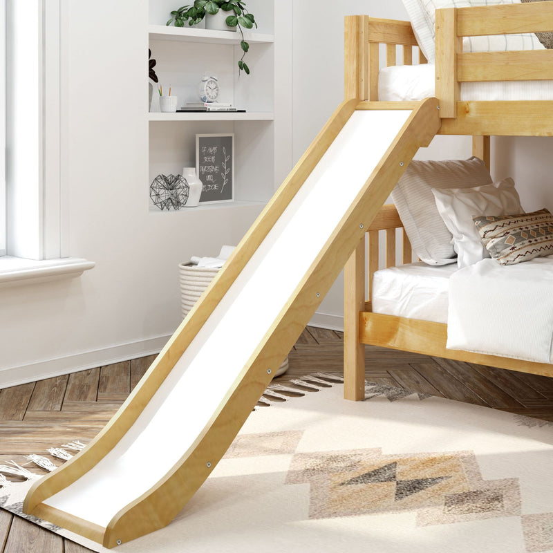 Wooden kids bunk bed with slide in a modern neutral children's bedroom, cozy bedding, built‑in white shelves with decor and plants