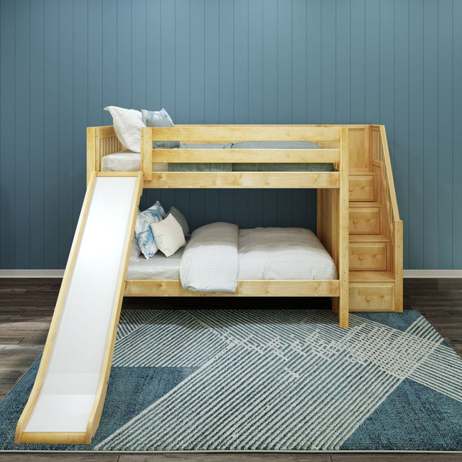 MOUNTAIN NS : Play Bunk Beds Full Low Bunk Bed with Stairs + Slide, Slat, Natural