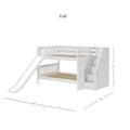 White wooden loft bunk bed with slide and built-in staircase storage and drawers, full-size beds with safety rails — modern kids bedroom furniture, product dimensions shown
