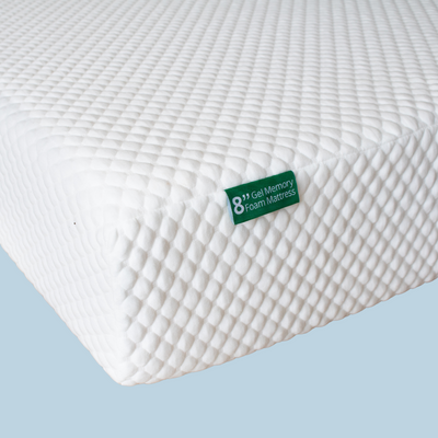 8-inch gel memory foam mattress with textured white fabric cover, providing comfort and support.