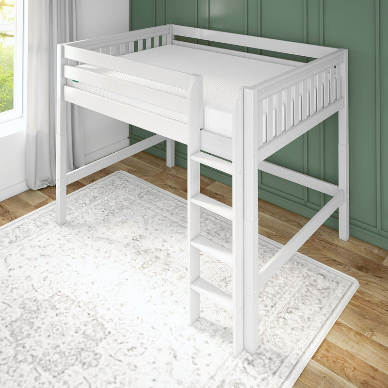 White wooden loft bed with safety rails and a ladder in a cozy children's bedroom with green walls and light hardwood flooring.