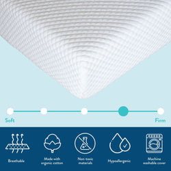 Quilted white memory foam pillow corner on pale blue background with firmness slider indicating medium-firm support and icons highlighting breathable design, organic cotton, non-toxic materials, hypoallergenic fill, and machine-washable cover