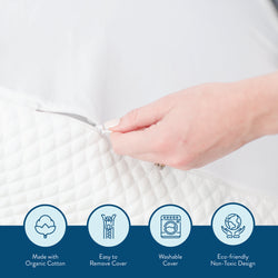 Hand holding a removable organic cotton mattress cover with a zipper, showcasing eco-friendly, non-toxic, washable design.