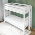 White wooden bunk bed with safety railing and ladder against a green wall in a child’s bedroom.