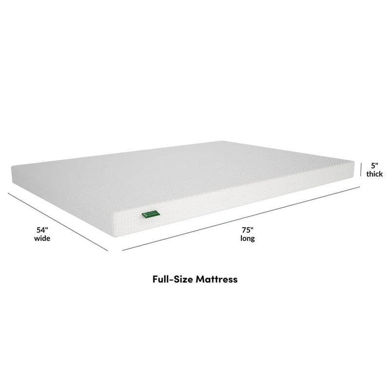 Full-size mattress measuring 54 inches wide, 75 inches long, and 5 inches thick.