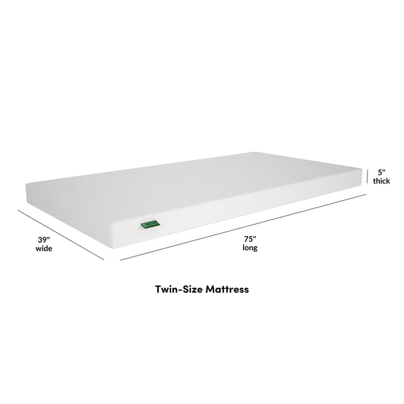 Twin-size mattress with dimensions 39 inches wide, 75 inches long, and 5 inches thick.