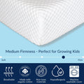 Medium firmness mattress with breathable, hypoallergenic, organic cotton cover; perfect for growing kids, featuring non-toxic materials and machine washable cover.