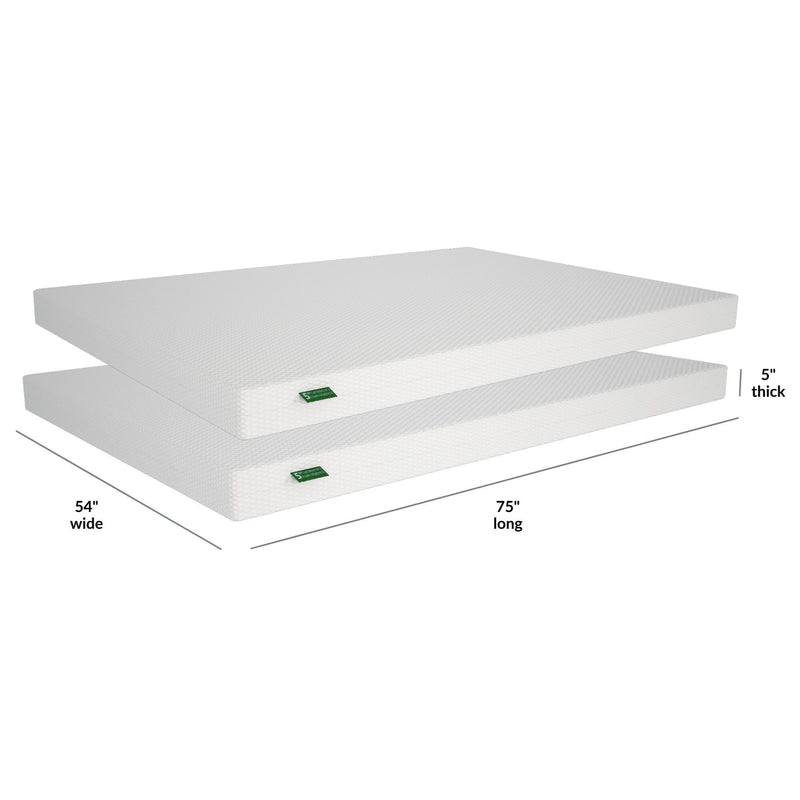 Full-size memory foam mattress dimensions - 54 inches wide, 75 inches long, 5 inches thick.