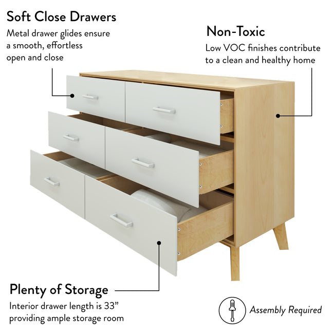 MX220006-102 : Furniture Modern 6 Drawer Dresser, White/Natural