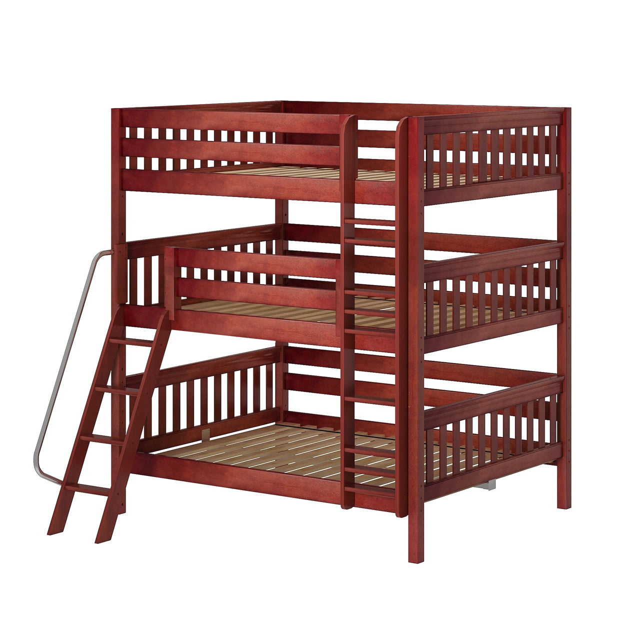 Triple-decker wooden bunk bed with ladders, ideal for maximizing space in small bedrooms.