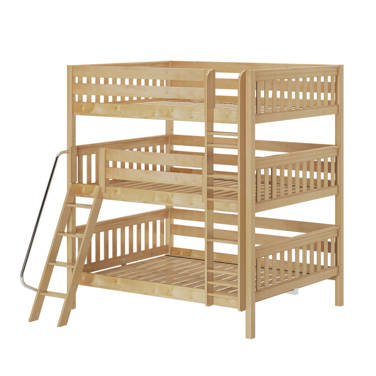 Triple bunk bed made of natural wood with ladder, ideal for maximizing space in kids' bedrooms.