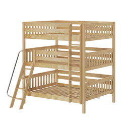 Triple bunk bed made of natural wood with ladder, ideal for maximizing space in kids' bedrooms.