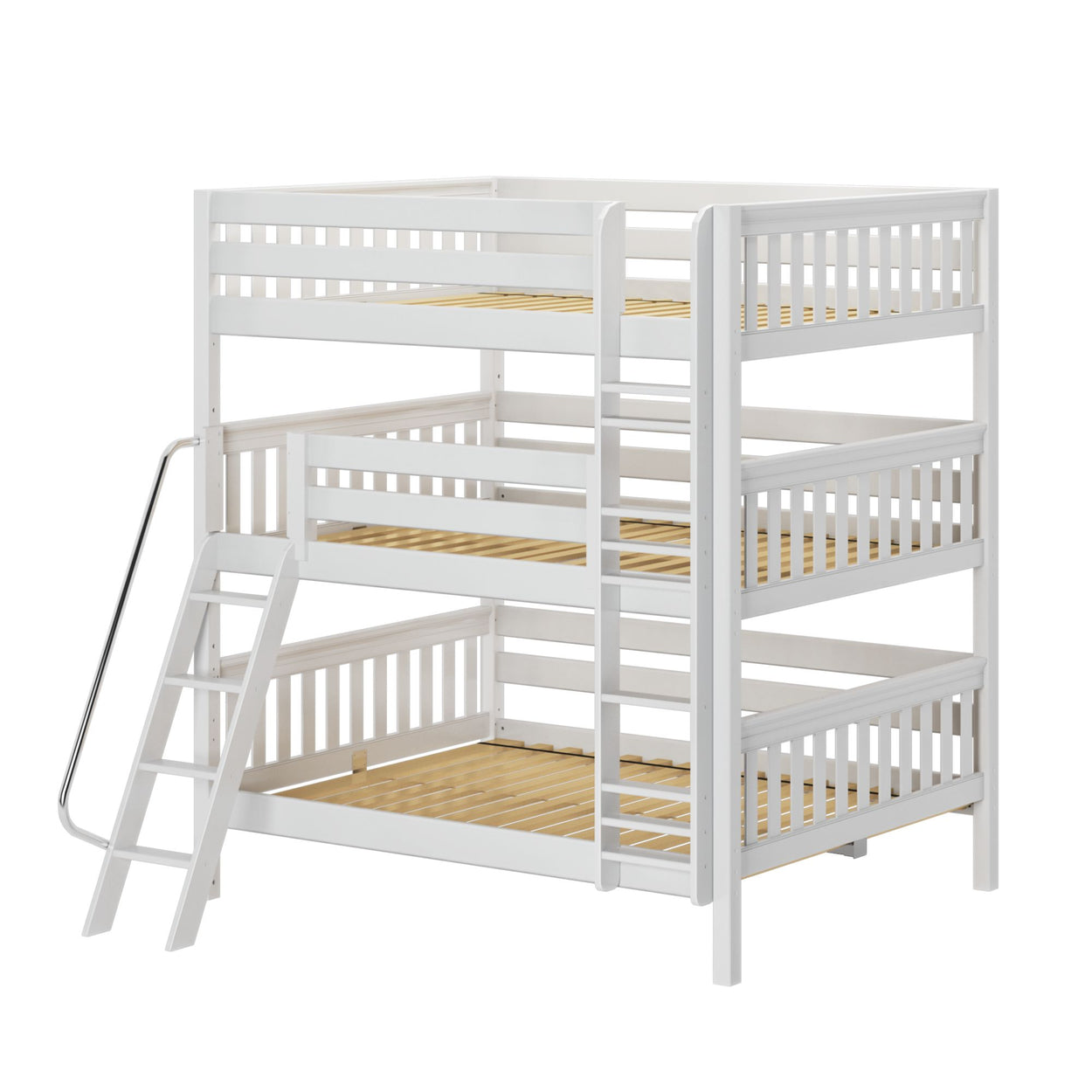 White triple bunk bed with safety rails and ladder, ideal for maximizing space in kids' bedrooms.