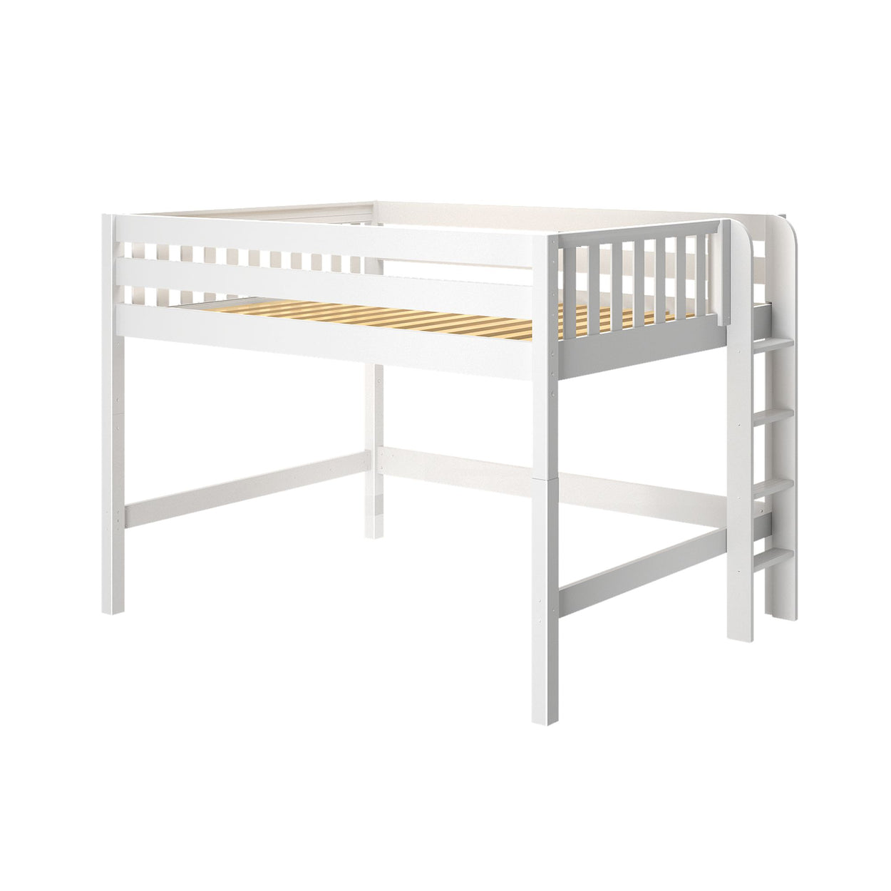White wooden loft bed with ladder for kids' room, space-saving design.