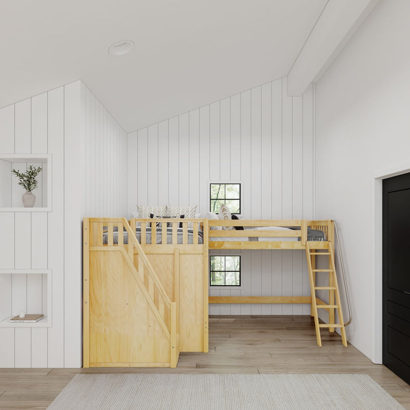 Modern farmhouse kids' bedroom with natural wood loft bunk bed and ladder, white vertical shiplap walls, small black-framed window, vaulted ceiling and built-in niche with vase — cozy neutral children's room design.