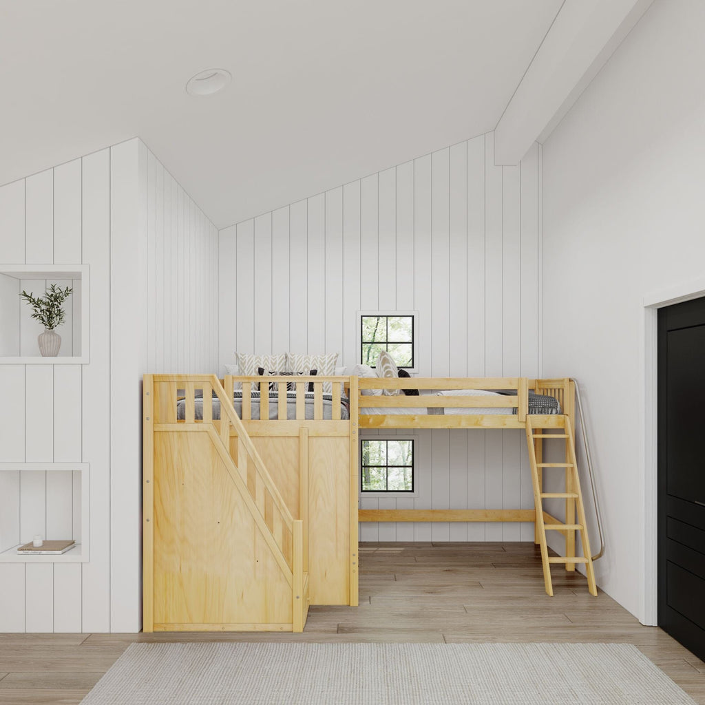 Natural wood loft bed with ladder and built-in storage stairs in a bright modern farmhouse children's bedroom with white shiplap walls and wood flooring