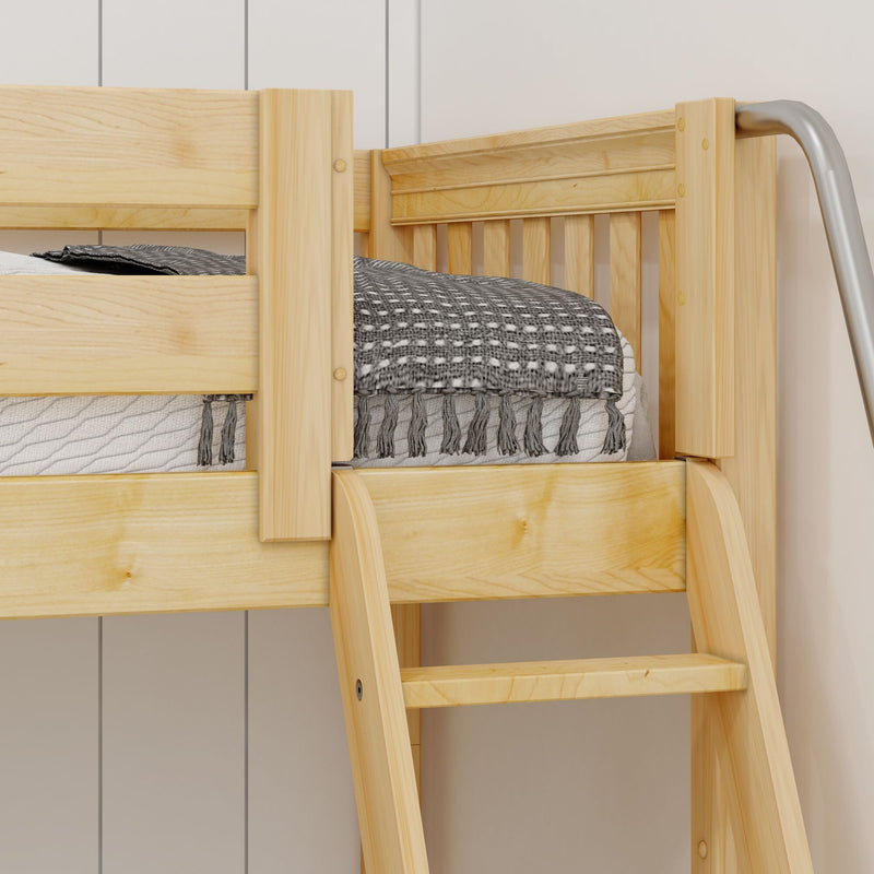 Close-up of natural pine wooden bunk bed ladder and side rail with gray patterned throw and mattress in kids' bedroom