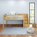 Modern nursery with natural wood loft bed and storage stairs, blue plaid rug, star-pattern pillows and teddy bears by tall window