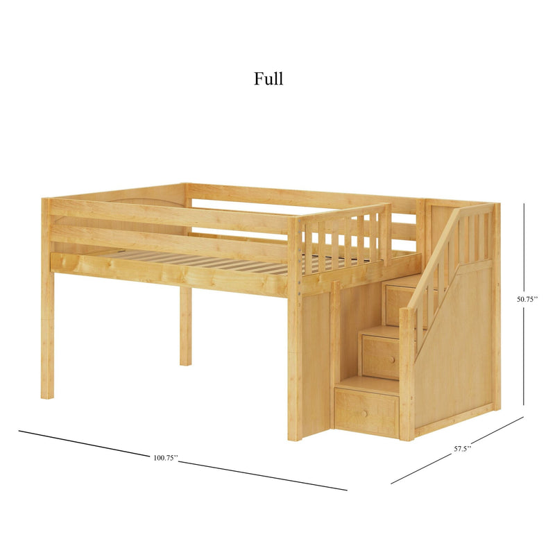 Solid natural wood twin-over-full loft bunk bed with built-in staircase and drawer storage, safety rails and slatted mattress supports