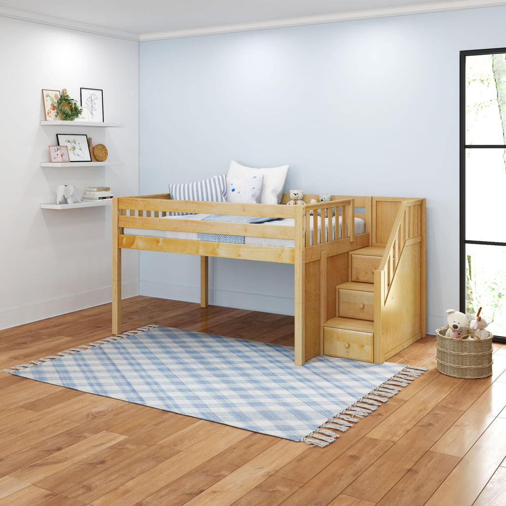 Wooden loft toddler bed with stairs and storage, blue-striped pillows and plush toys, white wall shelves and plaid rug in a bright modern nursery with hardwood floors