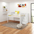 White kids loft bed in Scandinavian nursery with yellow pillows, abstract wall art, floating shelves and hardwood floors.