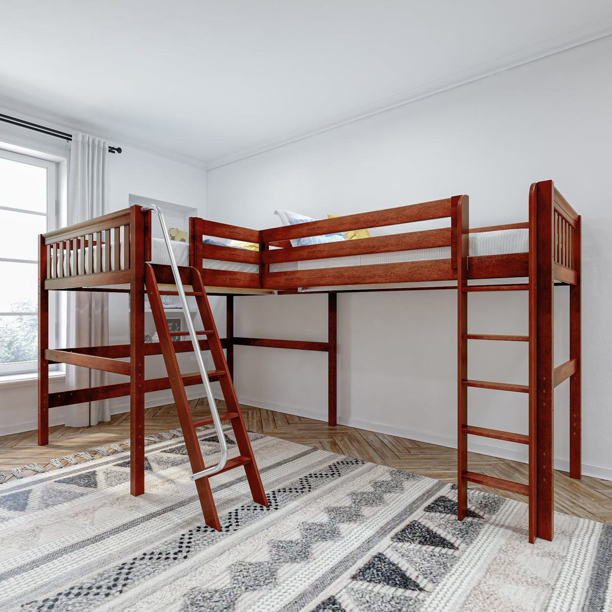 Loft bed with wooden frame and ladder in modern bedroom.