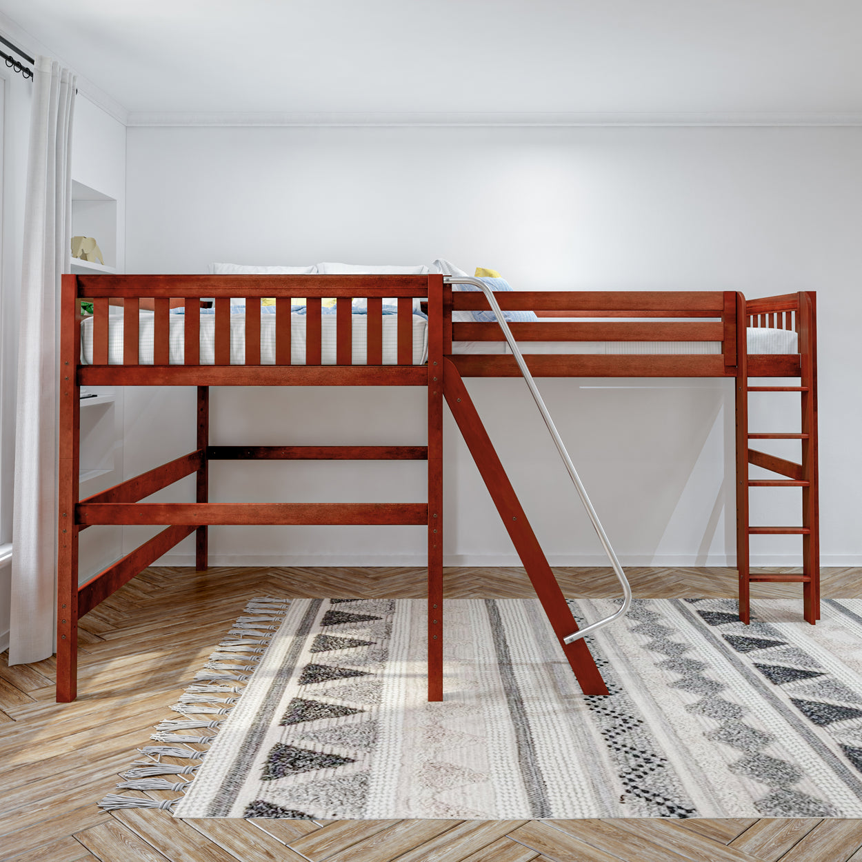 Wooden loft bed with ladder and slide in modern bedroom.