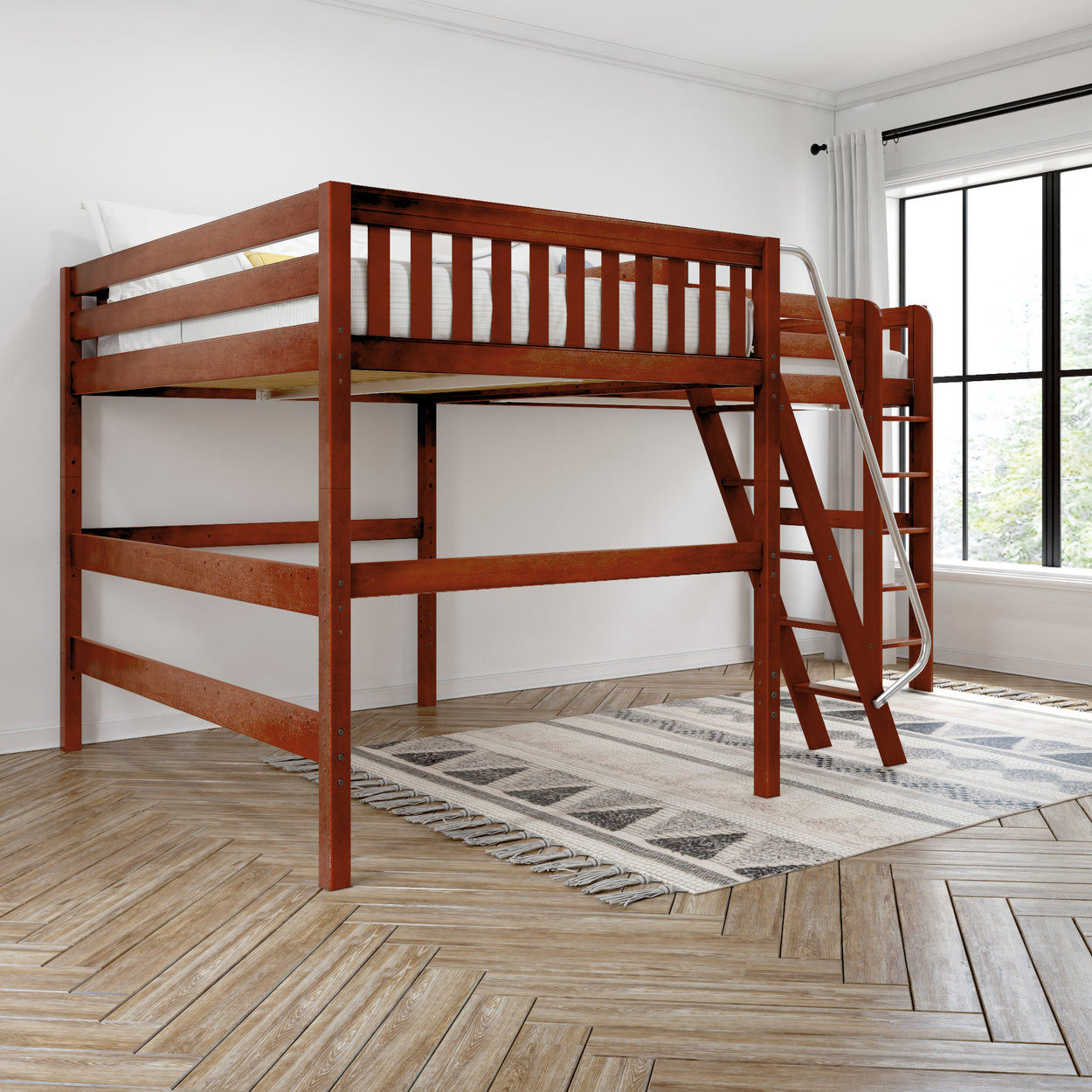 Wooden loft bed with ladder in modern bedroom with hardwood floor and large window.