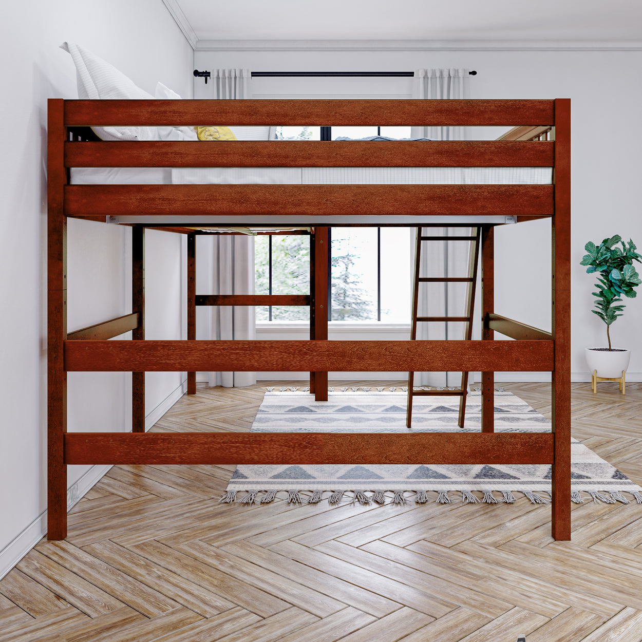 Wooden loft bed frame in modern bedroom with natural light and stylish decor.
