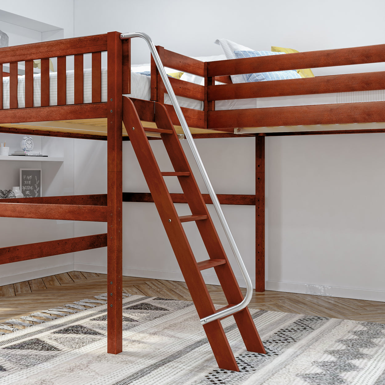 Wooden loft bed with metal ladder in modern bedroom setting.