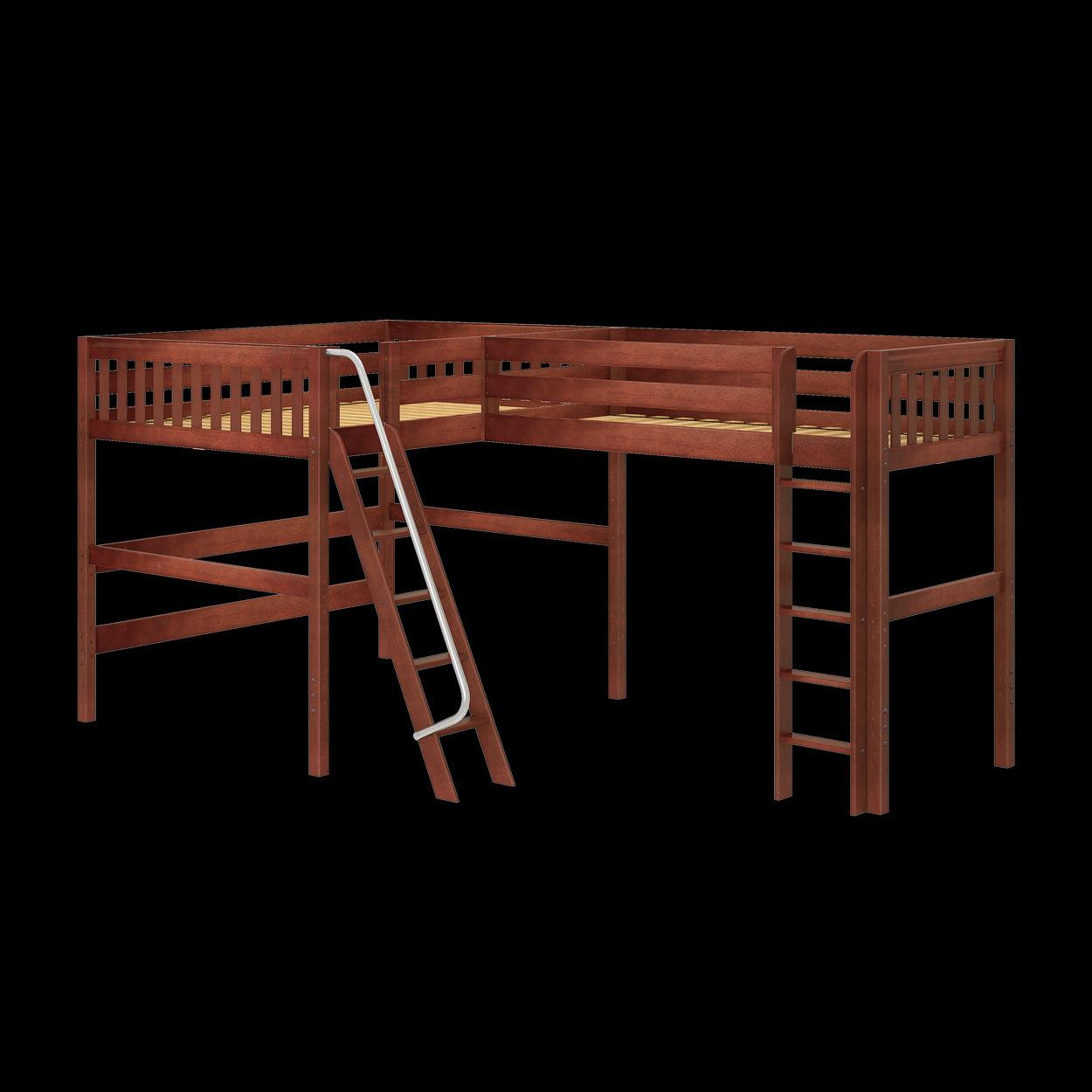 L-shaped wooden loft bed with ladder and safety rails for space-saving bedroom design.