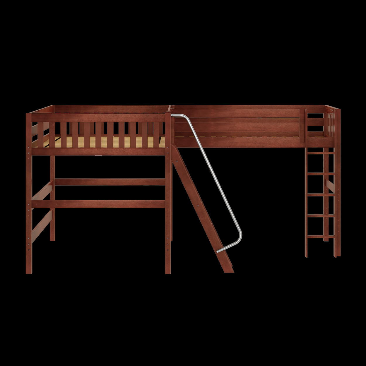 Wooden loft bed with slide and ladder for kids' bedroom furniture.