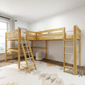 Natural wooden loft bunk bed with ladder in a bright modern children's bedroom — pine frame, white bedding, patterned rug and large curtained window