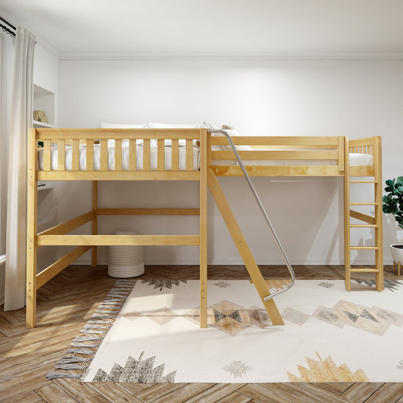 Natural wood loft bunk bed with metal ladder in a bright minimalist children’s bedroom — white walls, herringbone hardwood floor, patterned rug and potted plant.