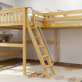Natural pine loft bed with angled ladder and metal handrail, top bunk with neutral striped bedding and safety guardrails in a space-saving kids' bedroom