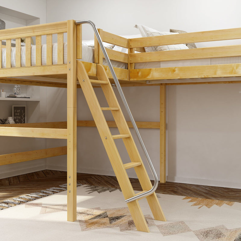 Natural pine loft bed with angled ladder and metal handrail, top bunk with neutral striped bedding and safety guardrails in a space-saving kids' bedroom