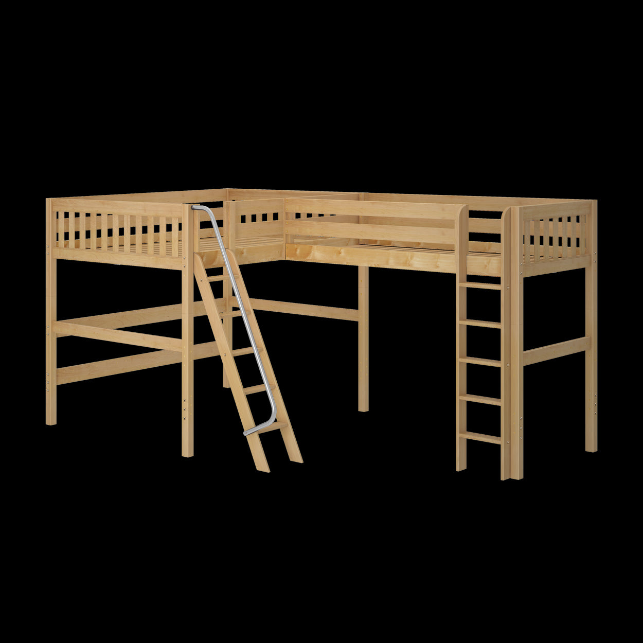 Wooden loft bed with integrated ladder, space-saving furniture design.