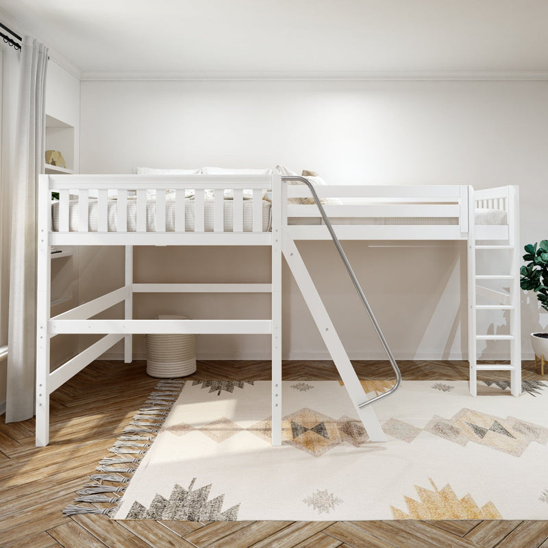 Modern white wooden loft bunk bed with ladder and safety rails in a bright, minimalist kids' bedroom with neutral bedding, patterned area rug, and herringbone hardwood floor