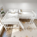 Modern white loft bunk bed with twin mattresses, ladder, neutral pillows and patterned rug on herringbone wood floor