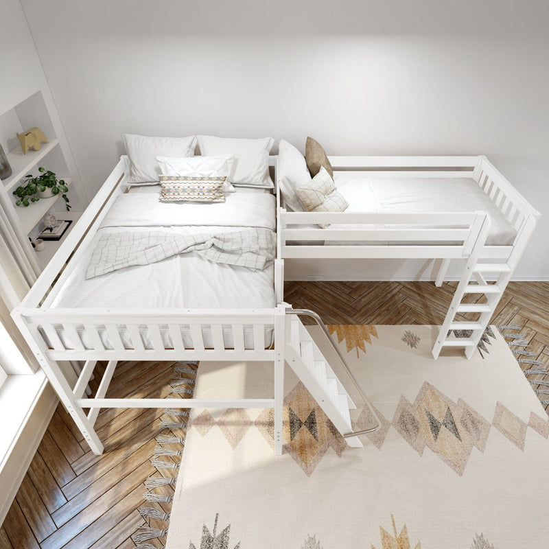 Modern white loft bunk bed with twin mattresses, ladder, neutral pillows and patterned rug on herringbone wood floor