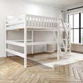 White loft bunk bed with ladder in bright modern kids' bedroom, hardwood herringbone floor, neutral rug and large window