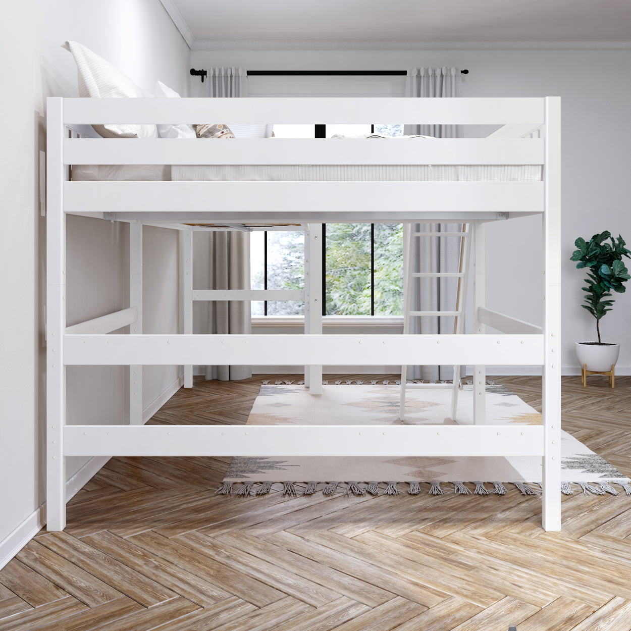 White loft bed in modern bedroom with wooden flooring and natural light.